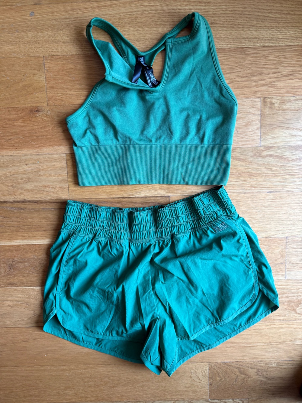 VS PINK Green Athletic Short and Crop Top Set